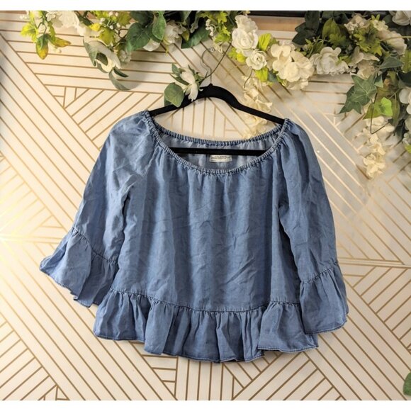 ZARA WOMAN DENIM COLLECTION Women's Chambray Ruffle Blouse Lyocell Size Small - Picture 1 of 7